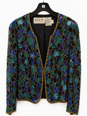 Vintage Black Tie Womens Beaded Sequin Jacket
